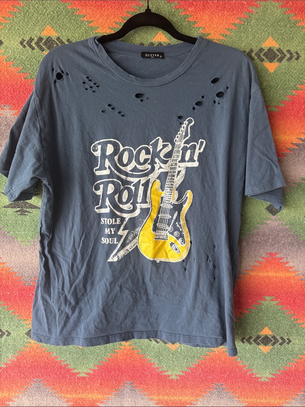 Zutter Women’s Blue Rock 'n' Roll Graphic Tee with Yellow Guitar